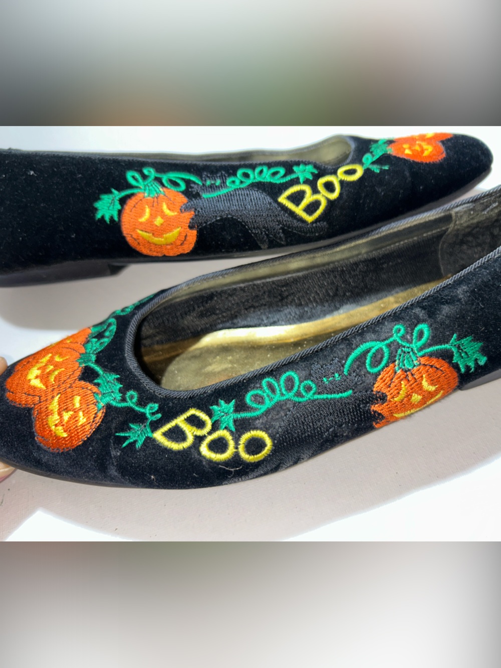 Mootsies Tootsies Halloween Cat Black Boo Ballet Flats Velvet with Embroidery - Picture 7 of 11